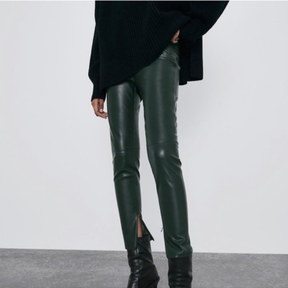 NWT Zara S Modern Contemporary Edgy Chic Forest Green High Rise Vegan Leggings